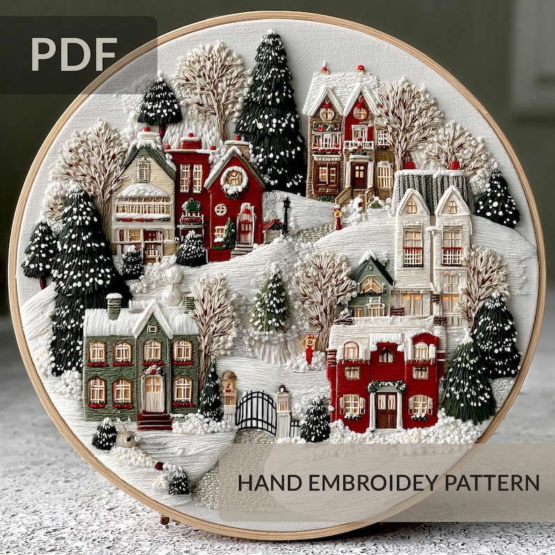 Christmas Village Hand Embroidery Pattern PDF | Snowy Winter Houses ...