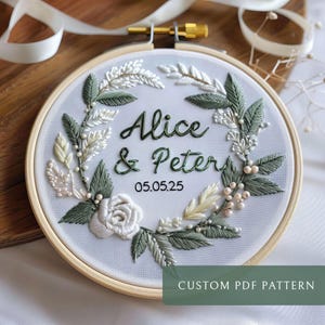 Broderie de mariage personnalisée PDF Noms de mariage personnalisés Motif de broderie à la main Couronne de mariage florale Cadeau de fiançailles à broder à la main