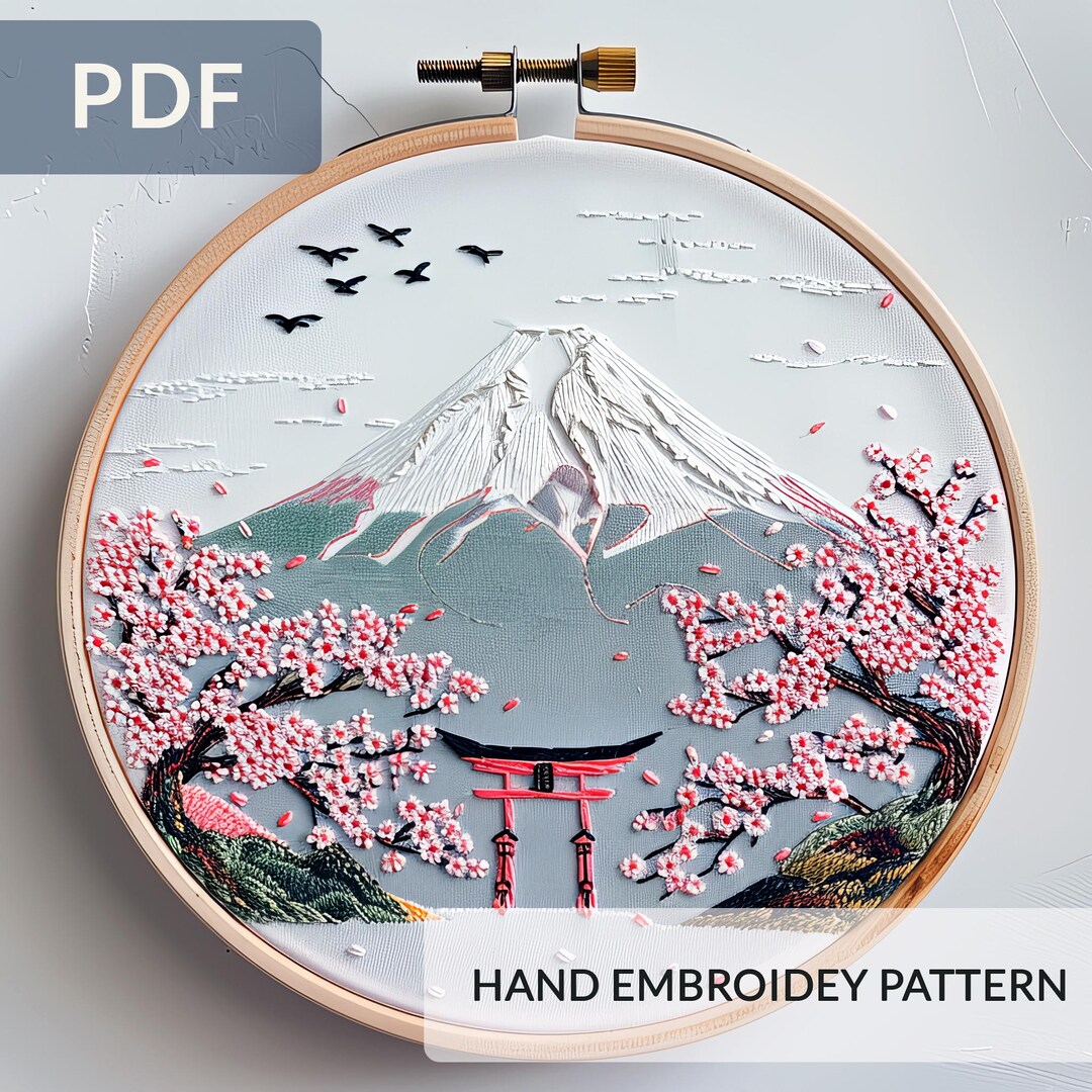Mount Fuji Cherry Blossom Embroidery Pattern Japanese Landscape Hoop ...