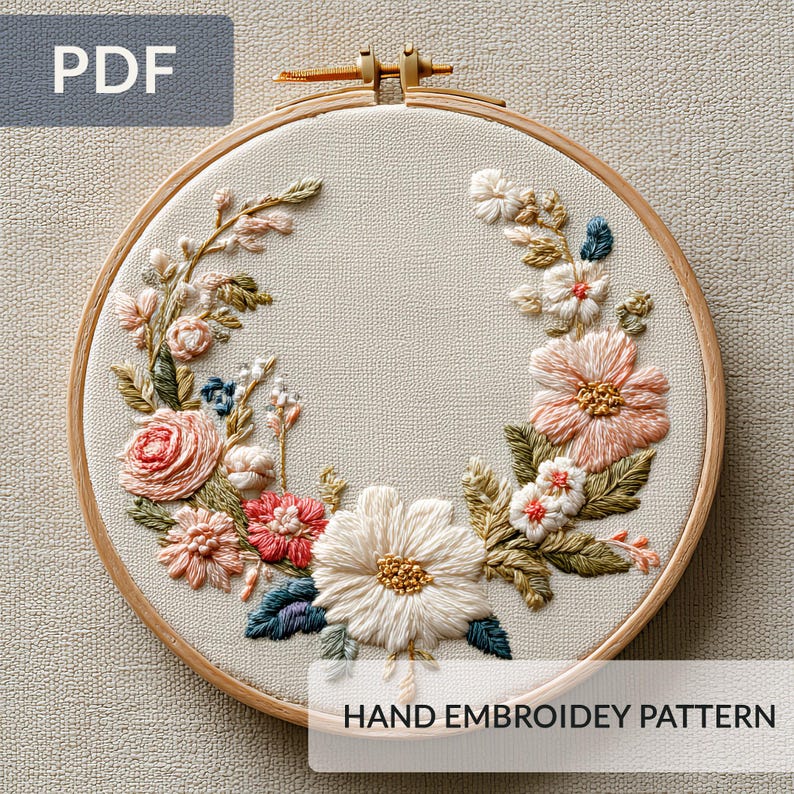 Boho Wedding Wreath Embroidery Pattern, Floral Hoop PDF for Beginners ...