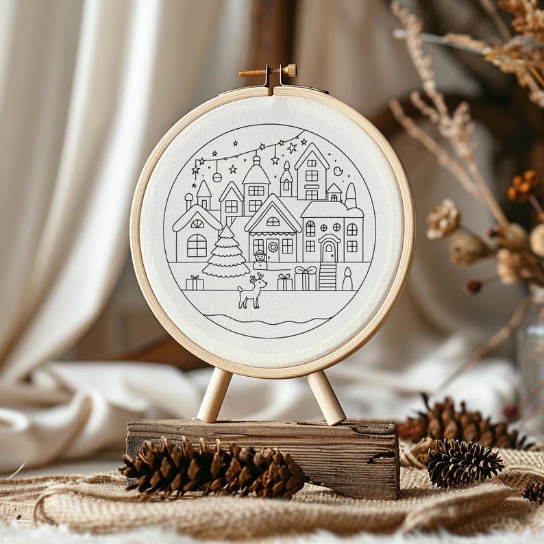 Christmas Village Hand Embroidery Pattern, Reindeer Hoop Art (PDF) - Etsy