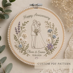 Modèle de broderie PDF personnalisé pour couronne de mariage (cadre rond)