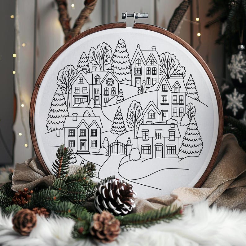 Christmas Village Hand Embroidery Pattern PDF | Snowy Winter Houses ...