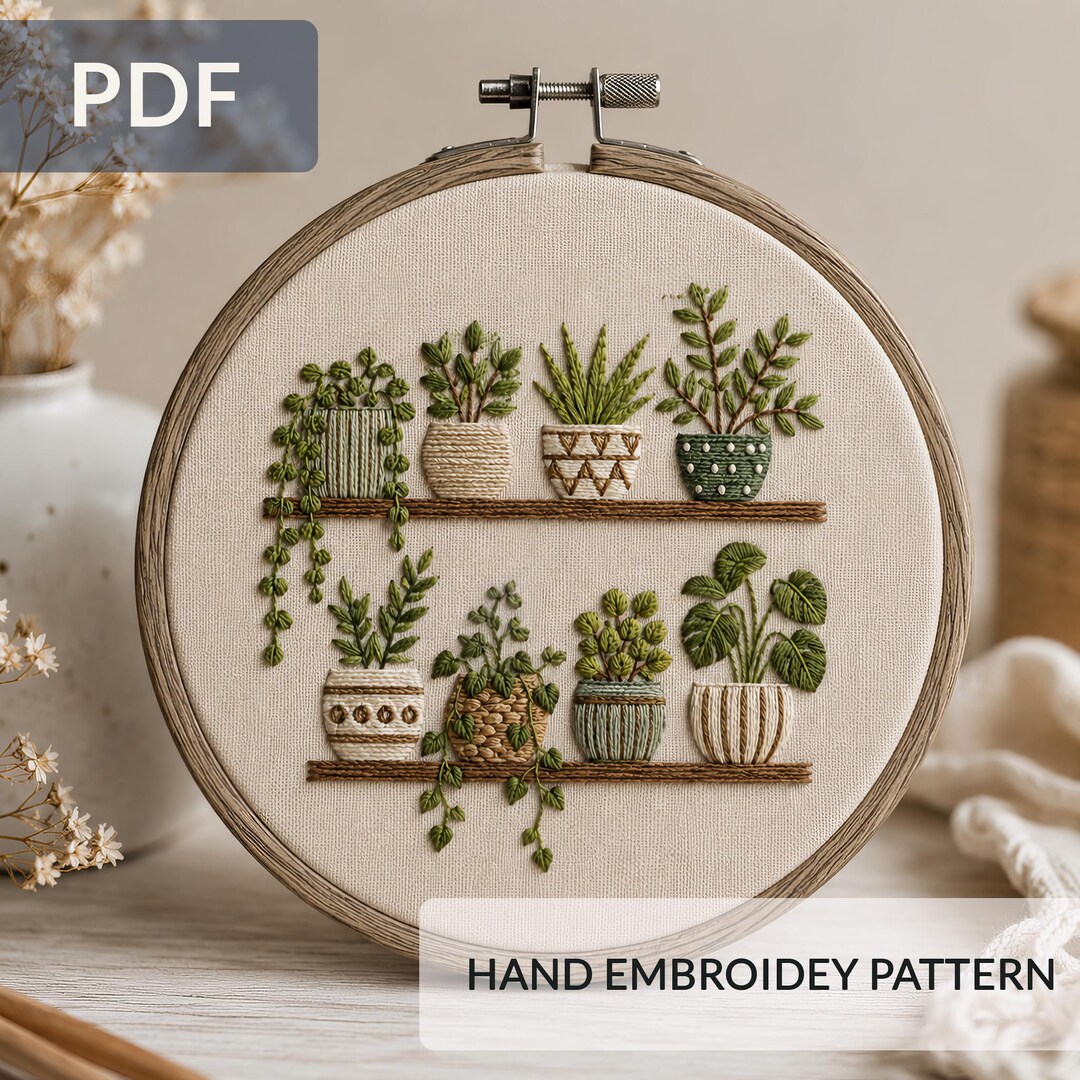Botanical Shelf Hand Embroidery Pattern PDF, Modern Plant Hoop Art DIY ...