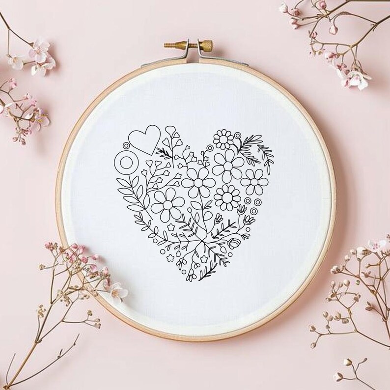 Floral Heart Hand Embroidery PDF Pattern Valentine's Day Digital ...