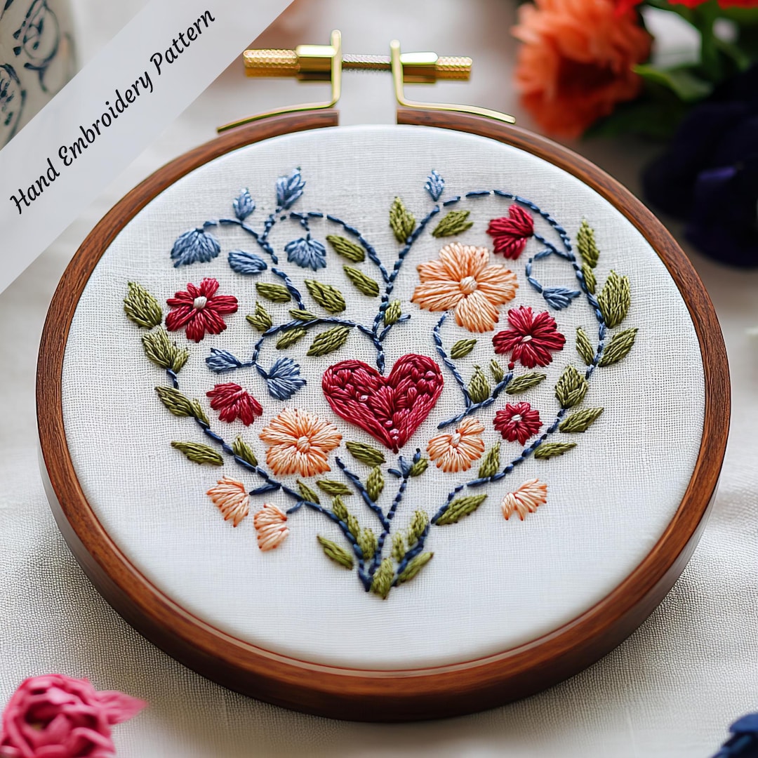 Floral Heart Hand Embroidery Pattern, Romantic Love Design (PDF) - Etsy