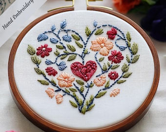 Floral Heart Hand Embroidery Pattern, Romantic Love Design (PDF)