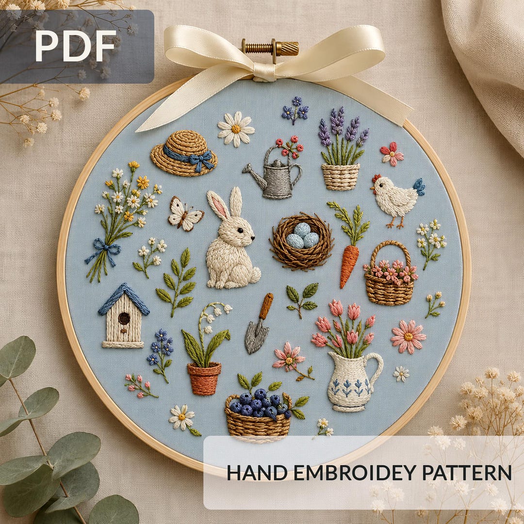 Spring Garden Embroidery Pattern PDF Bunny and Floral Round Hoop Hand ...