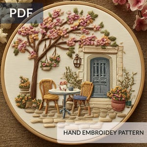 French Courtyard Embroidery Pattern PDF Vintage Garden Scene Hoop Art DIY