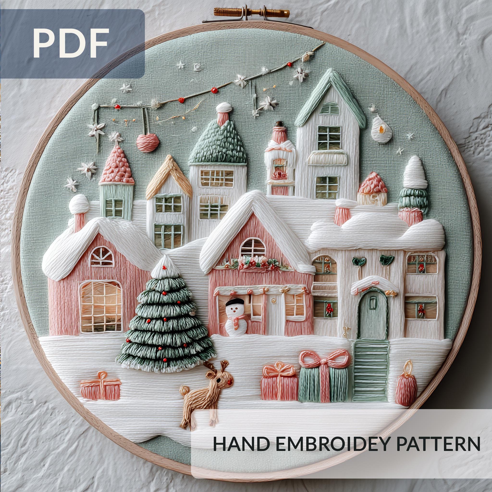 Christmas Village Hand Embroidery Pattern, Reindeer Hoop Art (PDF) - Etsy