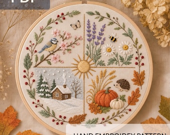 Four Seasons Hand Embroidery Pattern PDF, Seasonal Nature Wreath Hoop Embroidery Design DIY