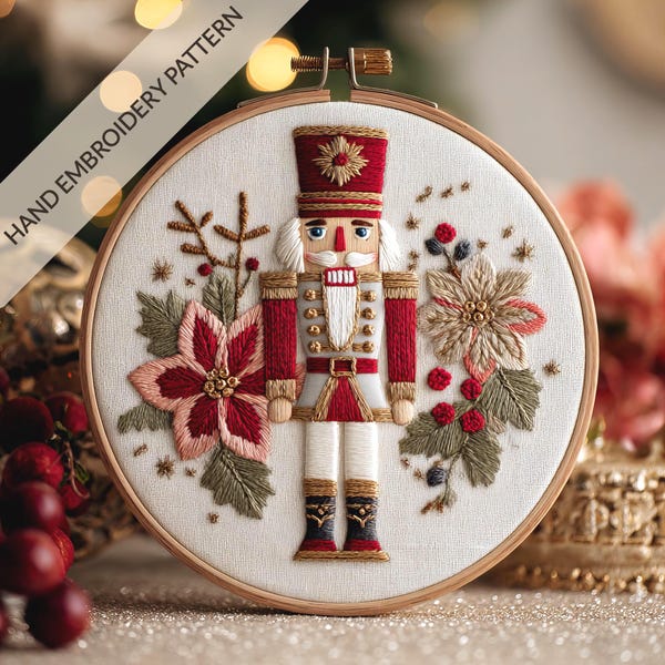 Christmas Nutcracker Hand Embroidery Pattern PDF | Holiday Hoop Art for 3-8 Inch Hoops | Beginner Friendly DIY Stitch Design Christmas Gift