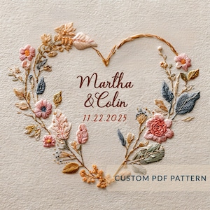 以下が含まれることがあります： ピンク、ピーチ、ブルーの花柄が刺繍されたハート型のデザイン。「Martha & Colin」という名前と「11.22.2025」という日付がハートの中に表示されています。「CUSTOM PDF PATTERN」というテキストが下にあります。