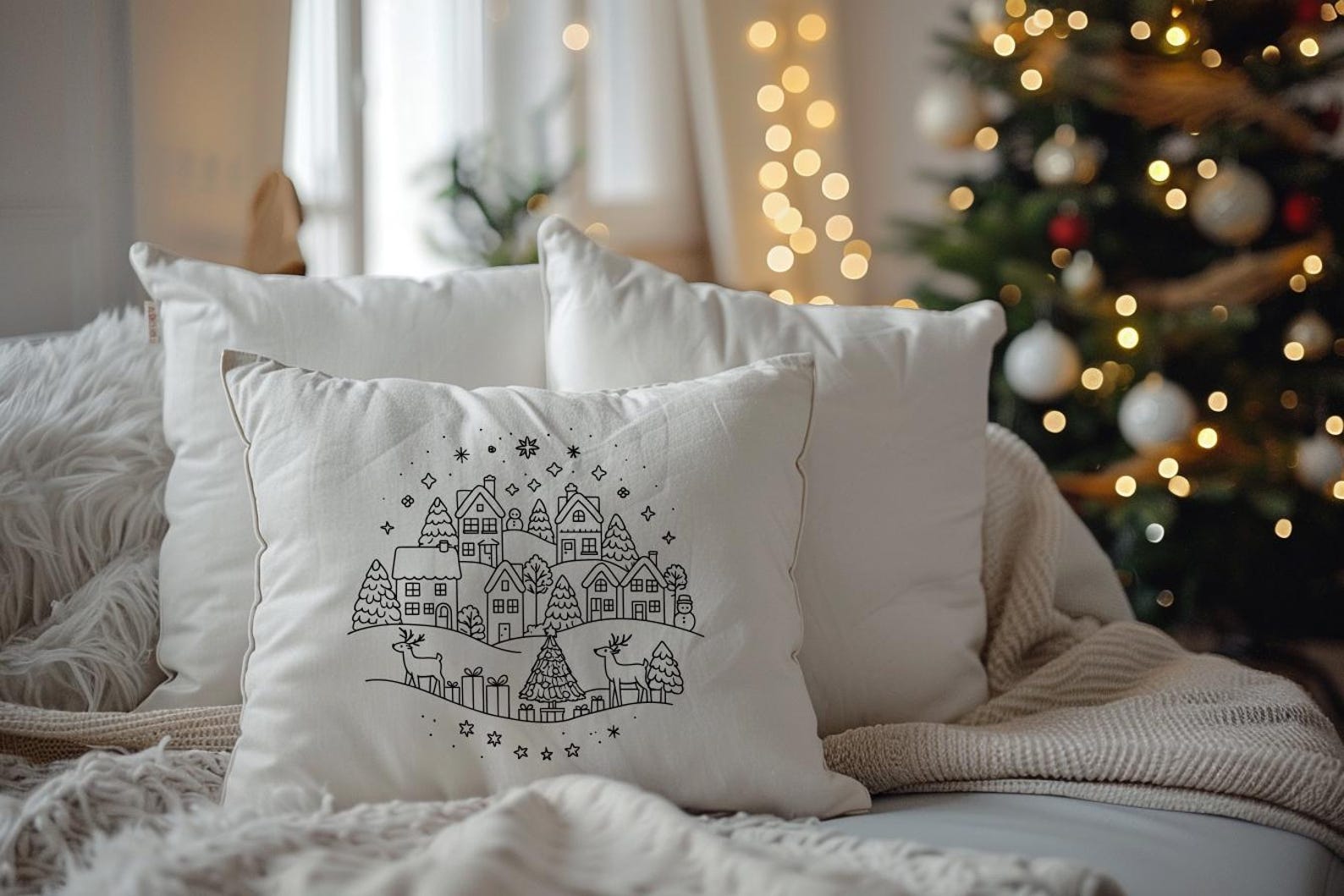 Christmas Village Embroidery Pattern PDF, Winter Reindeer Hoop Art ...