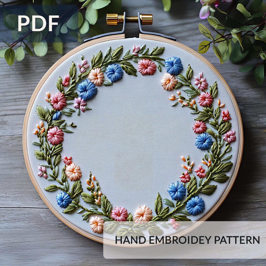 Wedding Floral Wreath Hand Embroidery Pattern PDF, Round Hoop Floral ...