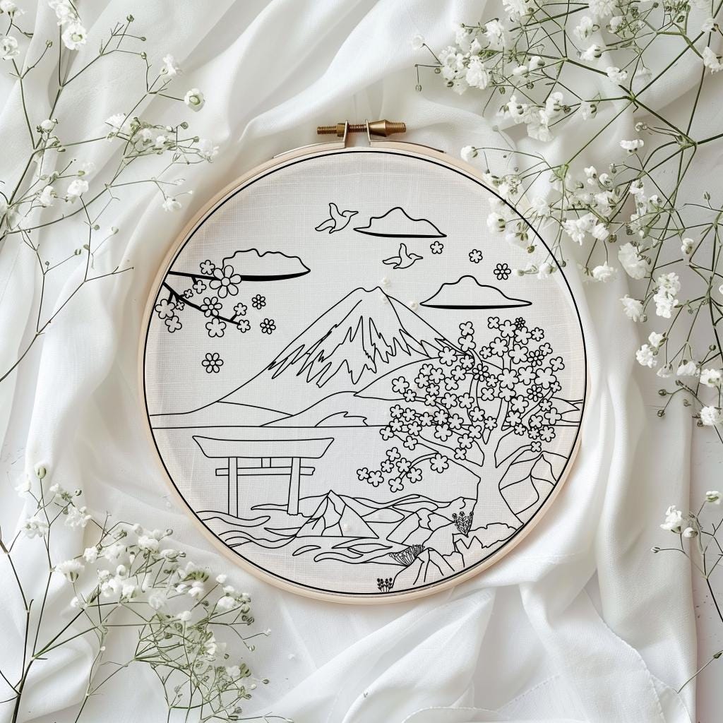 Mount Fuji Embroidery Pattern PDF, Japanese Landscape With Cherry ...