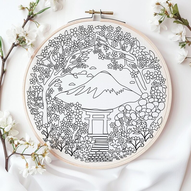 Japanese Landscape With Cherry Blossoms, Mount Fuji Embroidery Pattern ...