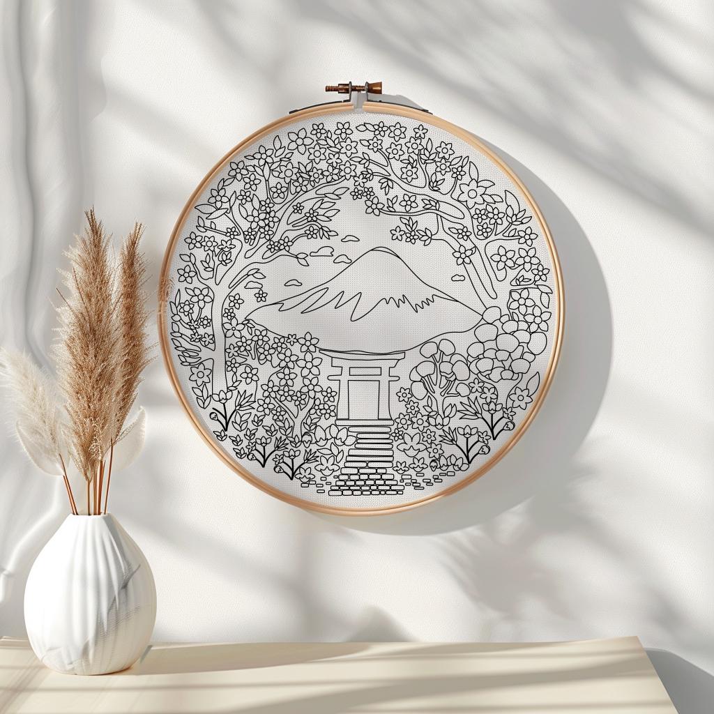 Japanese Landscape With Cherry Blossoms, Mount Fuji Embroidery Pattern ...