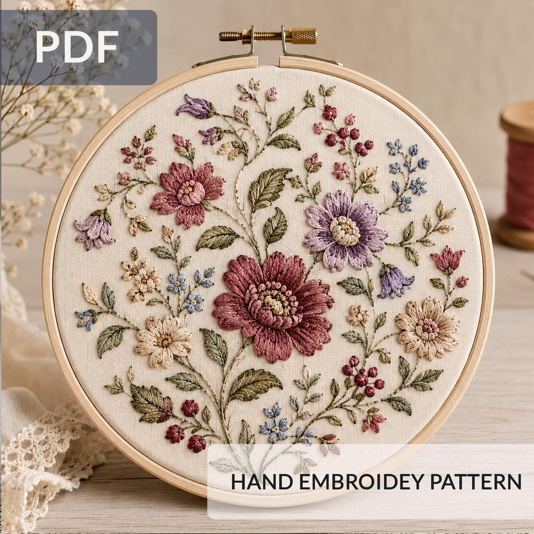 Vintage Floral Hand Embroidery Pattern PDF, Romantic Botanical Round ...