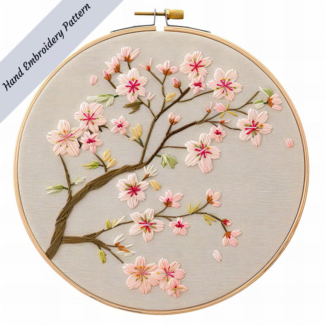 Japan Sakura Cherry Blossom Branch Embroidery Pattern 3, Coloring Page ...