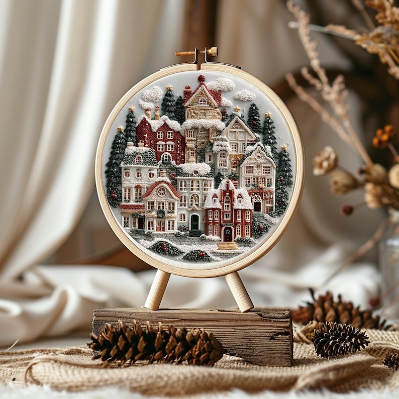Christmas Village Hand Embroidery Pattern PDF | Snowy Winter Houses ...