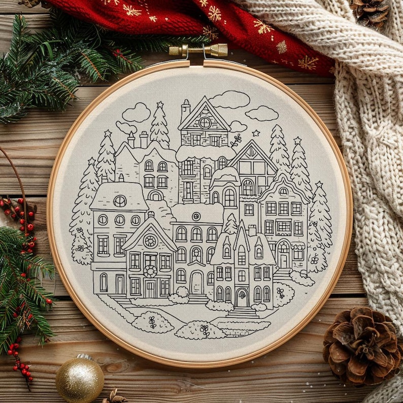Christmas Village Hand Embroidery Pattern PDF | Snowy Winter Houses ...