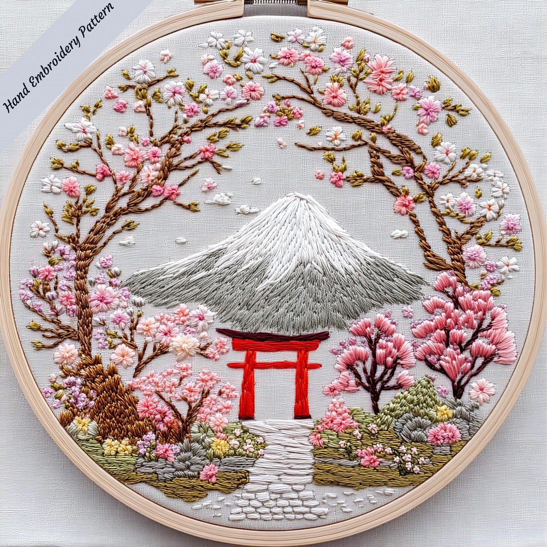 Japanese Landscape With Cherry Blossoms, Mount Fuji Embroidery Pattern ...