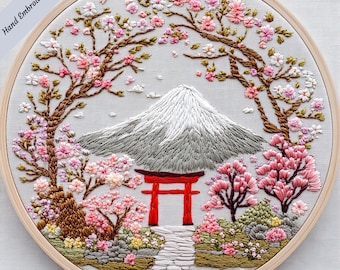 Japanese Landscape with Cherry Blossoms, Mount Fuji Embroidery Pattern PDF, Hand Embroidery Design for Modern DIY Hoop Art, Japan Torii gate