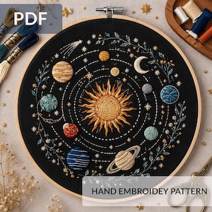Puede incluir: Un bastidor de bordado circular que contiene un panel de tela negra con un diseño de sistema solar cosido a mano. El centro presenta un sol dorado rodeado de planetas, estrellas y motivos de luna creciente bordados, con delicadas enredaderas.
