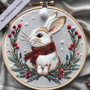 Christmas Hand Embroidery PDF Pattern, Cute Bunny in Wreath Digital Pattern, Winter Ornaments Craft Christmas Gift Rabbit Embroidery Hare