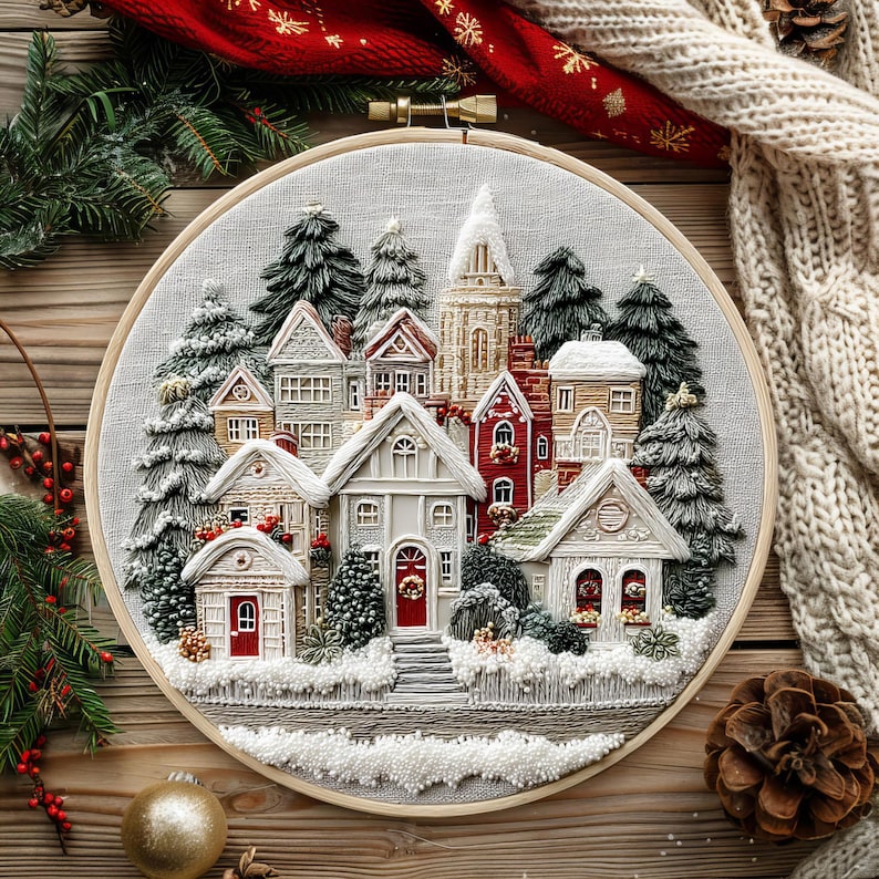 Christmas Village Hand Embroidery Pattern PDF | Snowy Winter Houses ...