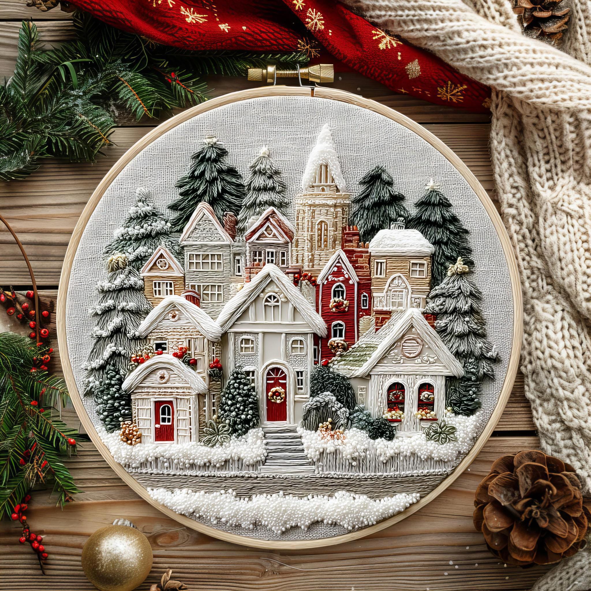 Christmas Village Hand Embroidery Pattern PDF | Snowy Winter Houses ...