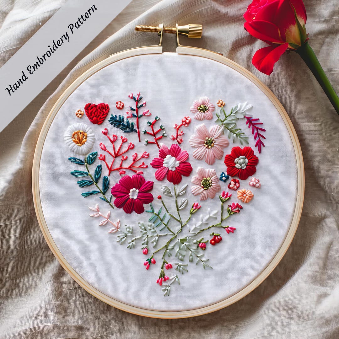 Floral Heart Hand Embroidery PDF Pattern Valentine's Day Digital