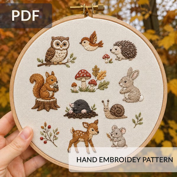 Modèle de broderie à la main d'animaux de la forêt (PDF), art sur tambour représentant des créatures de la forêt (téléchargement numérique)