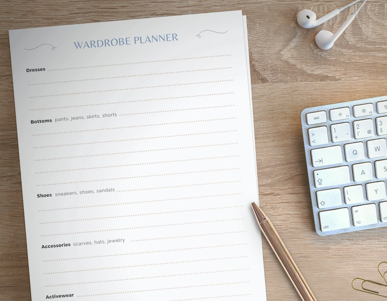 May include: A white sheet of paper with the title "WARDROBE PLANNER" at the top. The paper is divided into sections for dresses, bottoms, shoes, accessories, and activewear. Each section has a list of items to be included in the wardrobe.