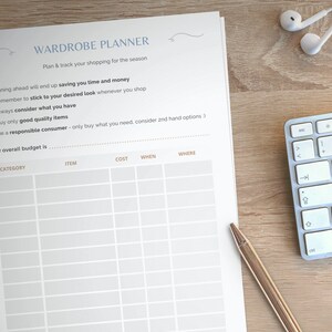 May include: A printable wardrobe planner with a table to track clothing purchases. The table has columns for category, item, cost, when, and where. The text "My overall budget is" is at the top of the table.