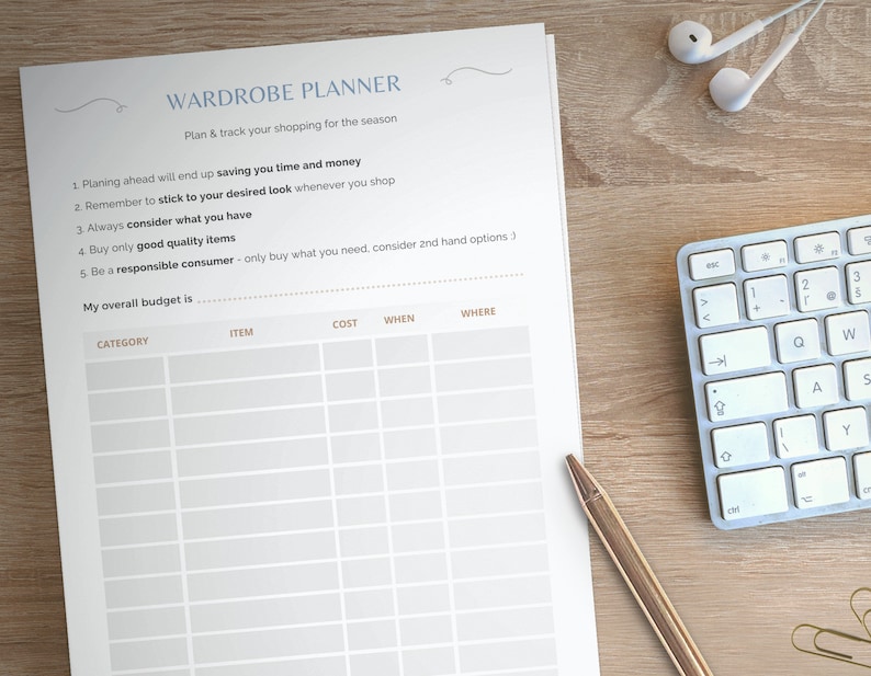 May include: A printable wardrobe planner with a table to track clothing purchases. The table has columns for category, item, cost, when, and where. The text "My overall budget is" is at the top of the table.