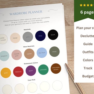 Könnte beinhalten: Ein druckbarer Kleiderschrank-Planer mit Farbmustern für Neutraltöne, fast Neutraltöne und Statement-Farben. Der Planer enthält Abschnitte für Ausmisten, einen Leitfaden, Outfits, Farben, Tracking und Budget.