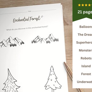 May include: A printable worksheet with the title "Enchanted Forest" and a black and white illustration of a mountain range. The worksheet has a list of words including "Balloons", "The Dream", "Superheroes", "Monsters", "Robots", "Island", "Forest", and "Underwater".
