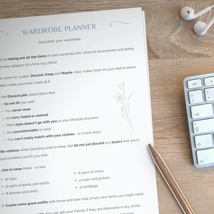 May include: A printable wardrobe planner with instructions on how to declutter your wardrobe. The planner includes a list of items to keep, discard, and maybe keep. It also includes a list of items to aim to keep, such as tops, pants, shorts, dresses, skirts, shoes, coats, jackets, and handbags.