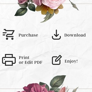 May include: A graphic with four icons and text. The icons represent purchasing, downloading, printing, and editing. The text reads "Purchase", "Download", "Print or Edit PDF", and "Enjoy!"