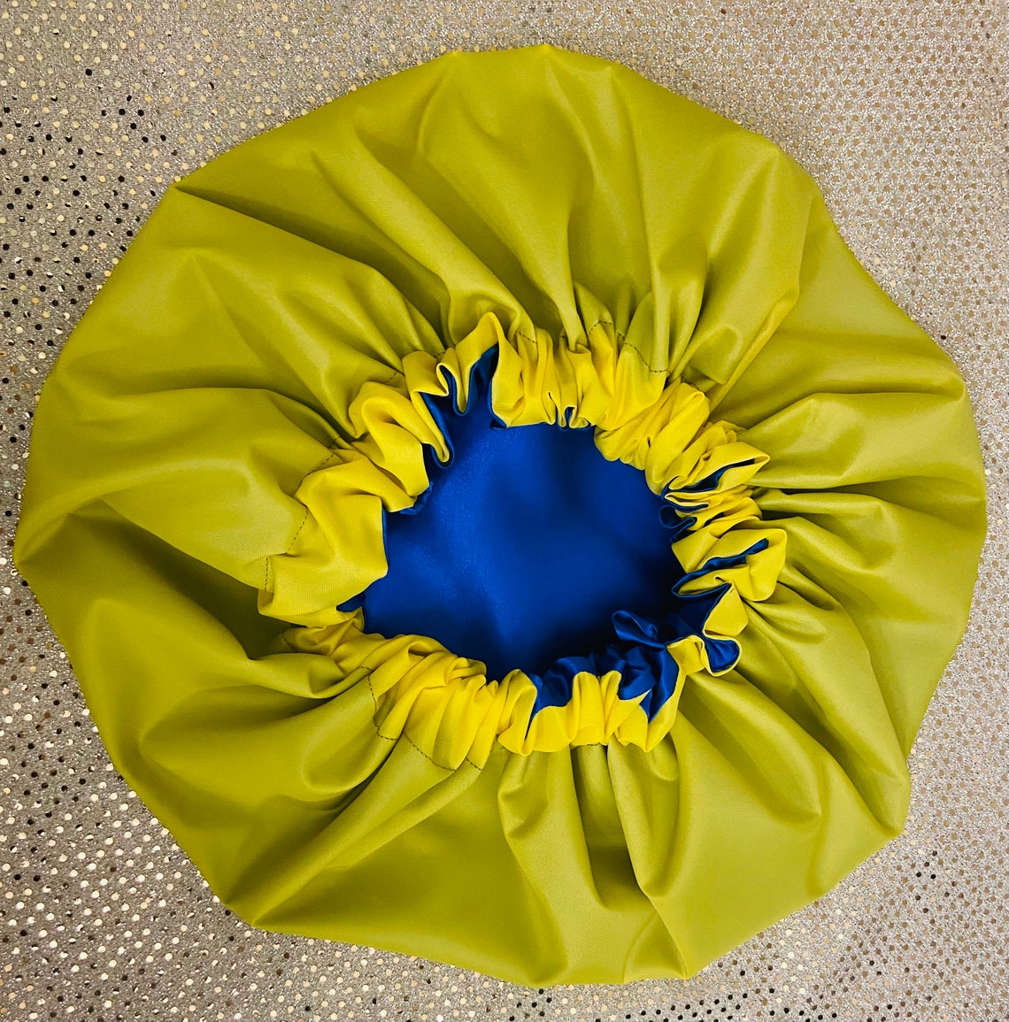 Yellow shower cap with blue lining Etsy