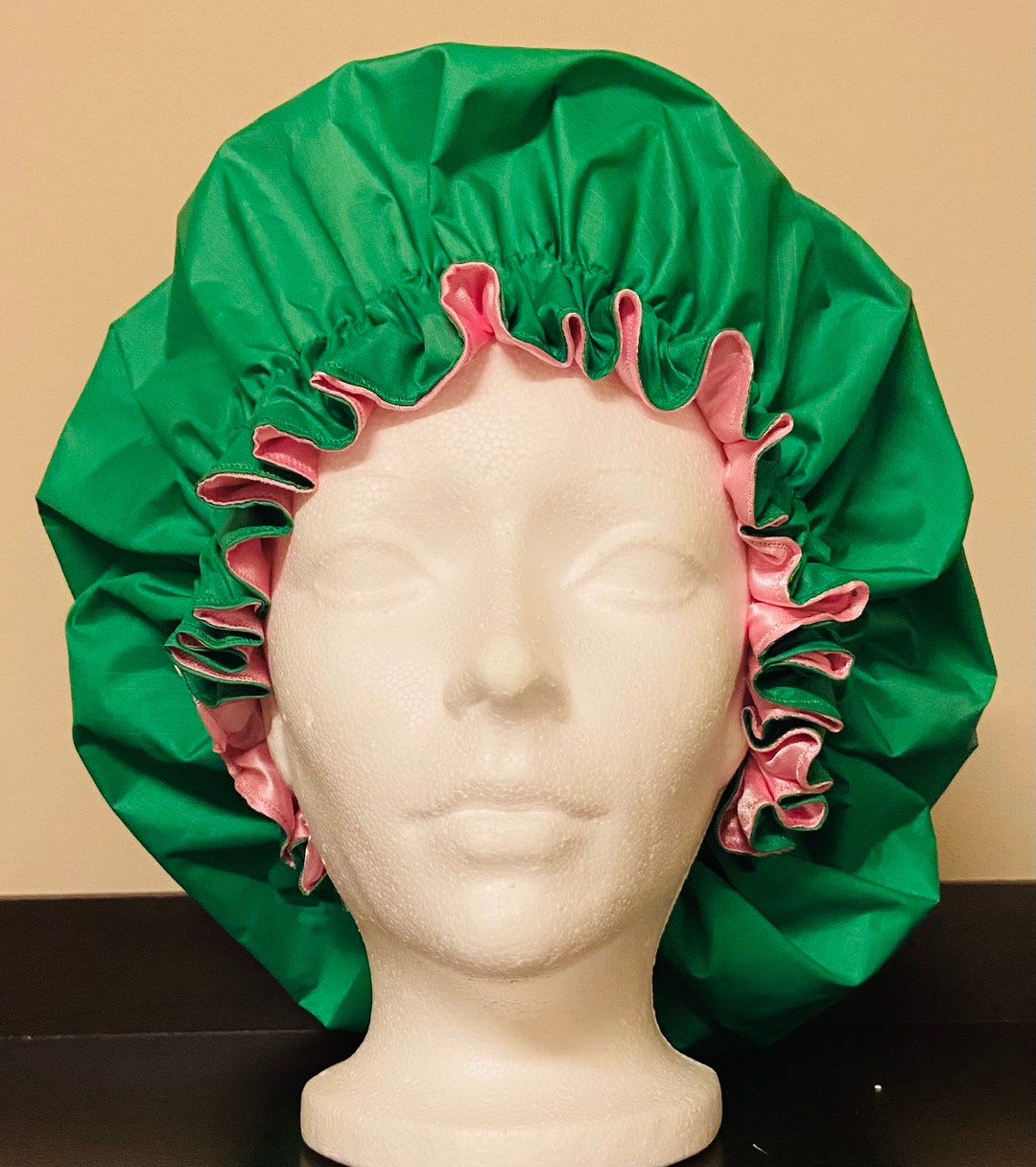 Green Shower Cap With Pink Lining Etsy