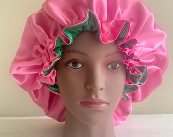 Oversized Reversible Pink and Green Hair Bonnet