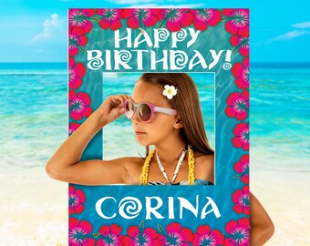 Polynesian Princess Birthday Selfie Frame, Tropical Photo Booth Prop, Corrugated Plastic