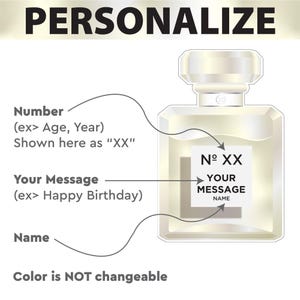 Pode incluir: Uma ilustra&ccedil;&atilde;o gr&aacute;fica de um frasco de perfume com um r&oacute;tulo quadrado contendo o texto PERSONALIZE, Number (ex> Age, Year) Shown here as XX, Your Message (ex> Happy Birthday) e Name. Setas apontam para as &aacute;reas personaliz&aacute;veis do r&oacute;tulo.