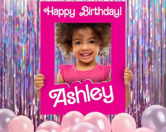 Doll Box Birthday Personalized Selfie Frame, Pink Party Photo Booth Prop