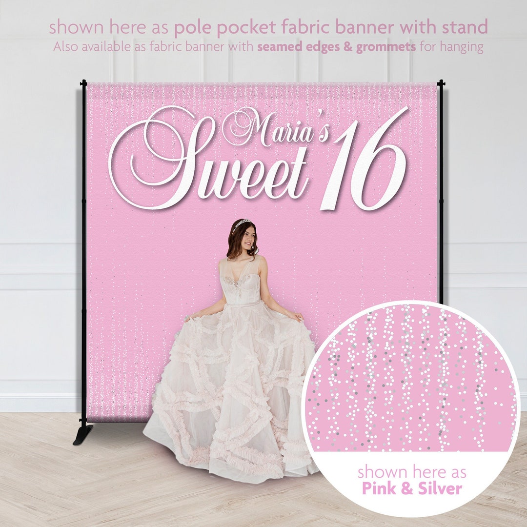 Sweet 16 Photo Backdrop and Banner, Sweet Sixteen Sparkle Rain Fabric