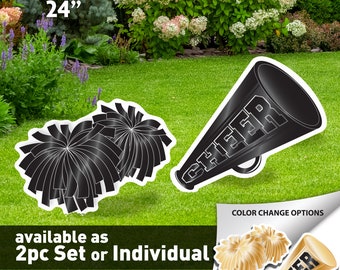 Cheer Bullhorn & Pom Pom Lawn Sign, Sports Party Decoration, 24",  2pc Set or Individual