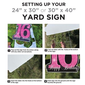 Pode incluir: Um gr&aacute;fico de instru&ccedil;&otilde;es para uma placa de jardim de 61 cm x 76 cm ou 76 cm x 102 cm. O texto diz: SETTING UP YOUR 24 inch x 30 inch or 30 inch x 40 inch YARD SIGN. Quatro pain&eacute;is mostram os passos para destacar, alinhar e instalar a placa.